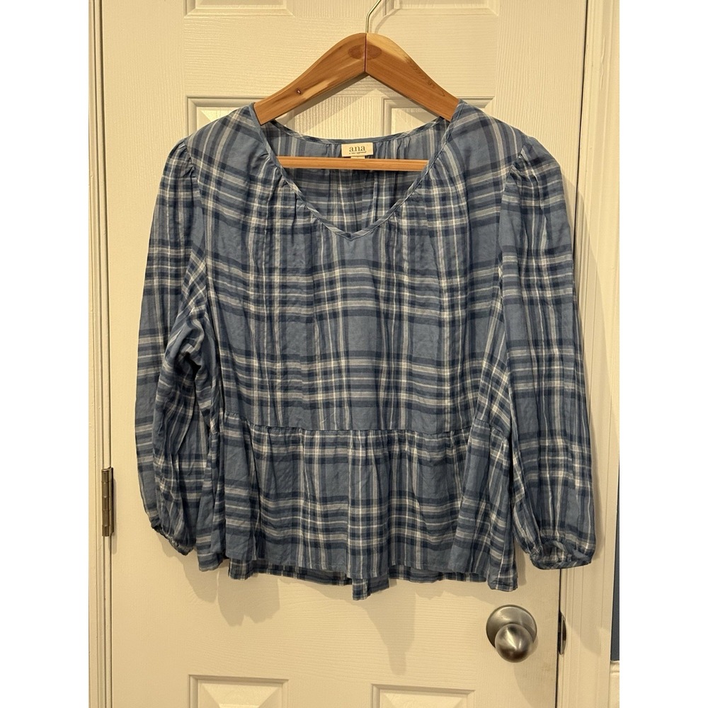 NWT Ana OX Blue Plaid Boho Babydoll Top Casual Flowy Comfy Spring Summer